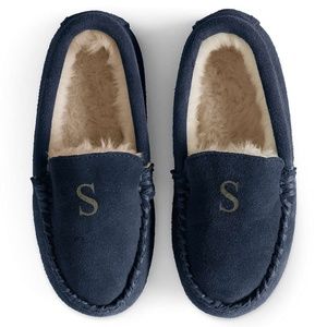 NWT: Lands End Kids Navy Suede Moccasin Slippers